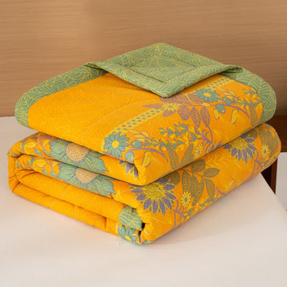Daisy & Leaf Print Cotton Linen Quilt - Yellow - Queen - image 1