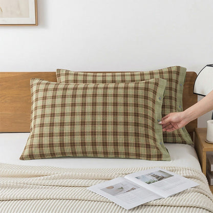 Ownkoti  Vintage Plaid Button Cotton Pillowcases (2PCS)  - Brown&Green - 52cm x 76cm - image 2