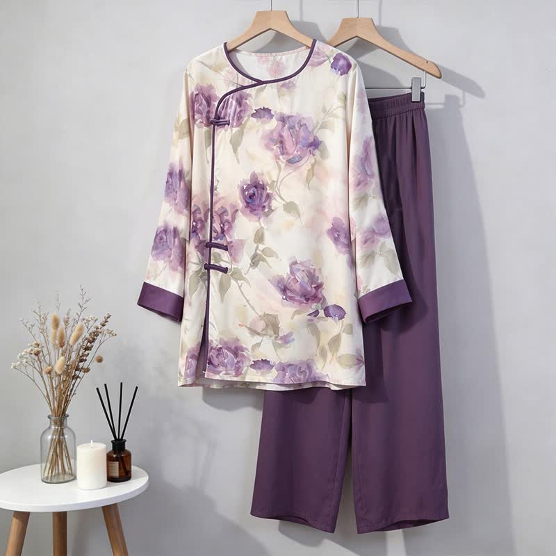 Watercolor Purple Floral Eastern-Inspired Pajama Set - image 5