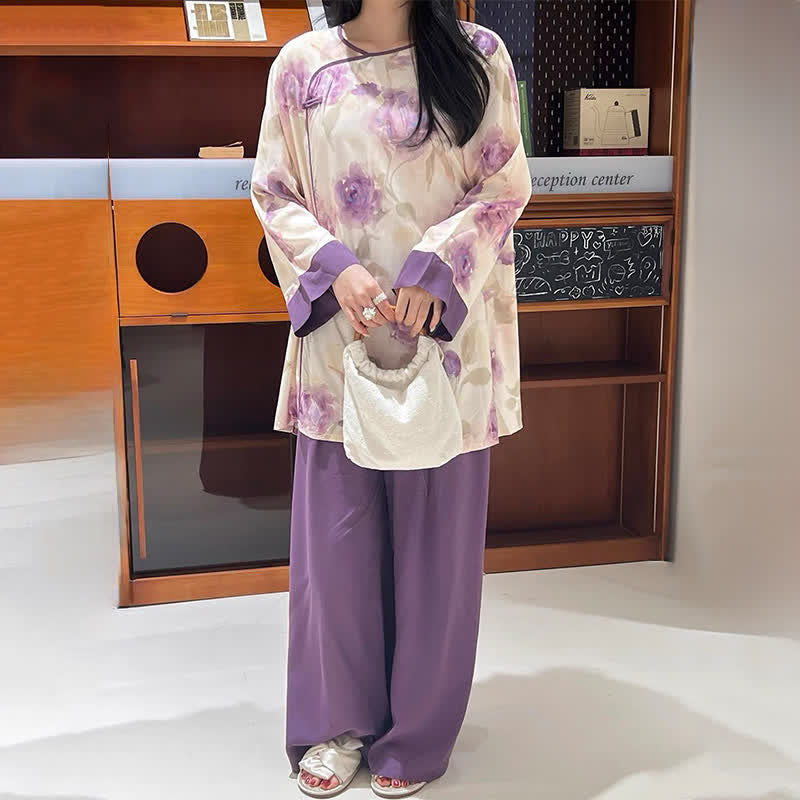 Watercolor Purple Floral Eastern-Inspired Pajama Set - image 4