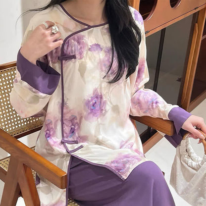 Watercolor Purple Floral Eastern-Inspired Pajama Set - image 3