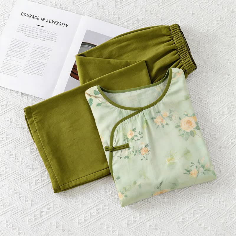 Fresh Floral Eastern-Inspired Pajama Set - Green - M - image 0