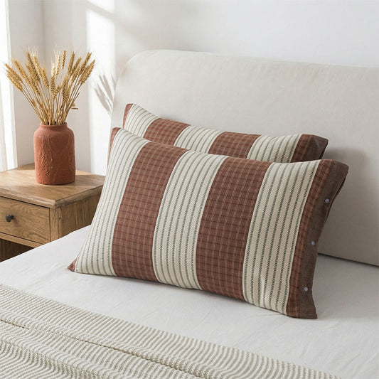 Plaid Stripe Cotton Button Pillowcases(2PCS) - Red - 52cm x 76cm - image 0