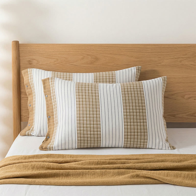 Plaid Stripe Cotton Button Pillowcases(2PCS) - Beige - 52cm x 76cm - image 2