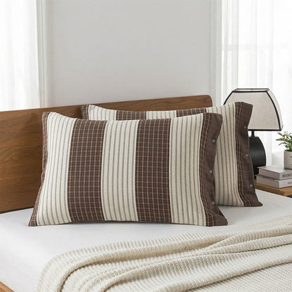 Plaid Stripe Cotton Button Pillowcases(2PCS) - Brown - 52cm x 76cm - image 4