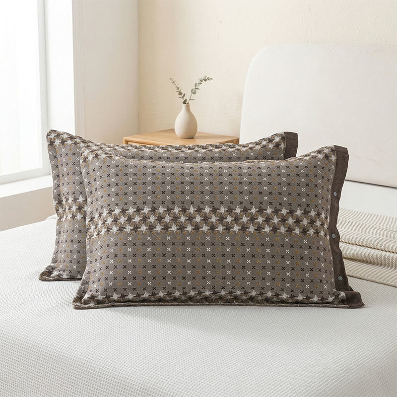 Jacquard Knit Cotton Button Pillowcases (2PCS) - Brown - 52cm x 76cm - image 2