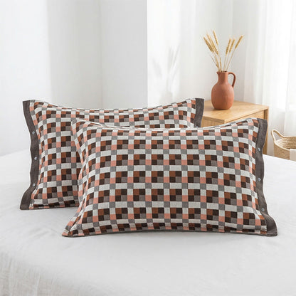 Grid Button Pure Cotton Pillowcases (2PCS) - Red&Brown - 52cm x 76cm - image 0