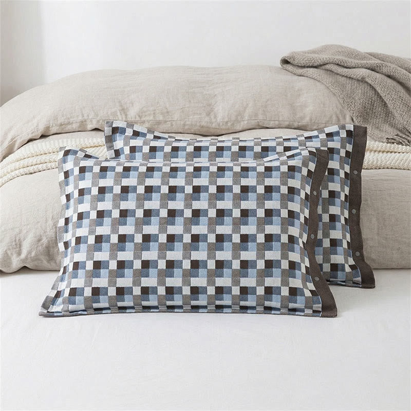 Grid Button Pure Cotton Pillowcases (2PCS) - Blue&Brown - 52cm x 76cm - image 2