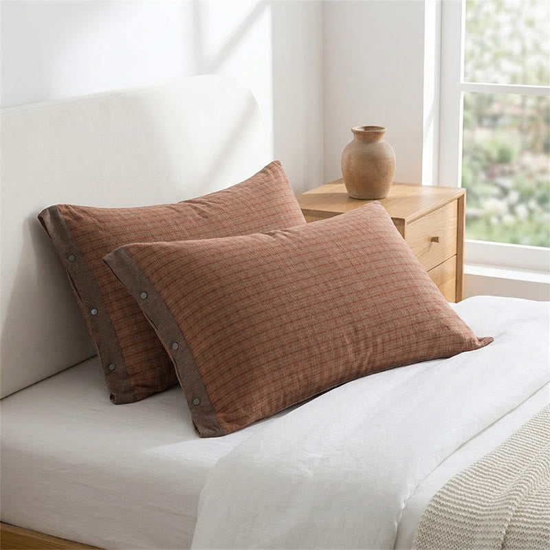 Mini Plaid Button Cotton Pillowcases (2PCS) - Red&Brown - 52cm x 76cm - image 0