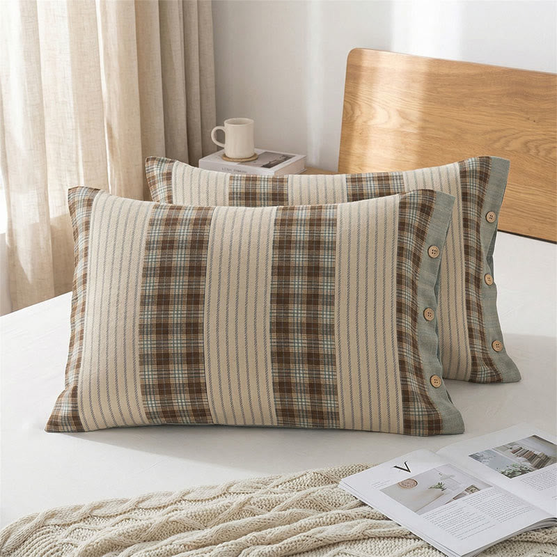 Plaid Stripe Pure Cotton Pillowcases (2PCS) - Blue&Brown - 52cm x 76cm - image 0
