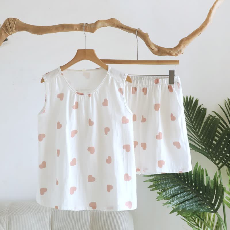 Cotton Double Gauze Heart Tank Pajamas - White - XL - image 4