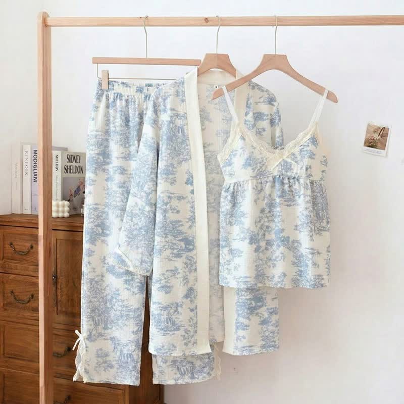 Ink Wash Landscape Lace Trim Pajamas(3PCS) - Blue - XXL - image 0
