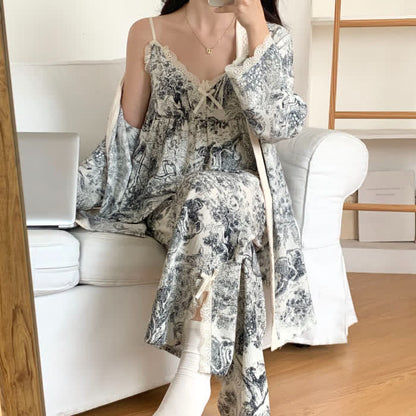 Ink Wash Landscape Lace Trim Pajamas(3PCS) - Black - XXL - image 2