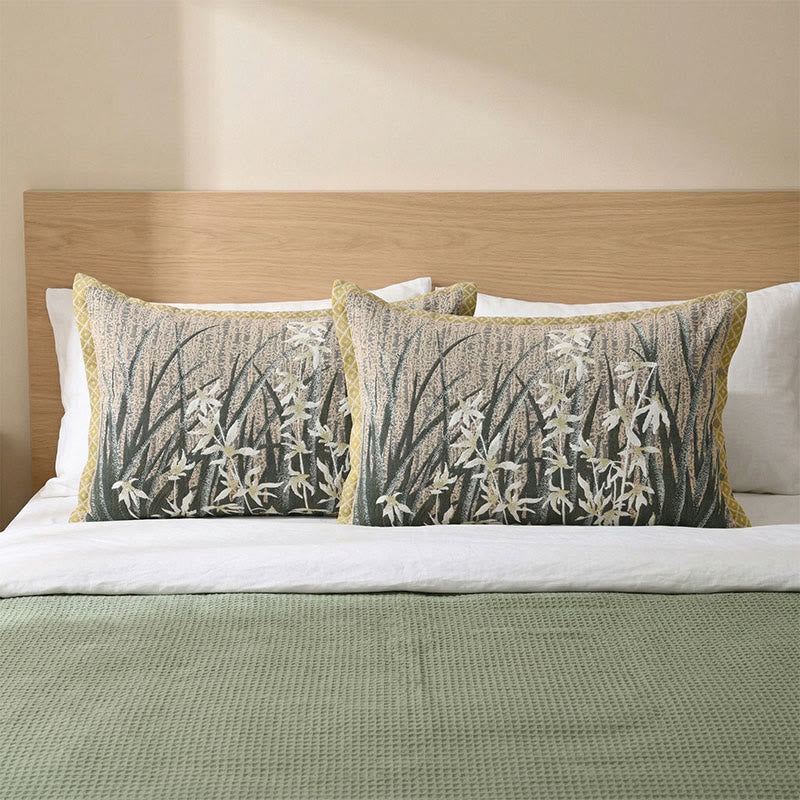 Orchid Floral Button Cotton Pillowcases (2PCS) - Green&Yellow - 80cm x 54cm - image 0