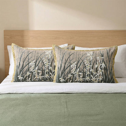 Orchid Floral Button Cotton Pillowcases (2PCS) - Green&Yellow - 80cm x 54cm - image 0