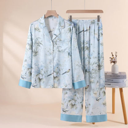 Elegant Floral & Bird Print Pajama Set - Blue - XL - image 0