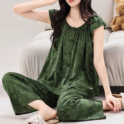 Green Floral Ruffle Sleeve Loungewear Set - image 1