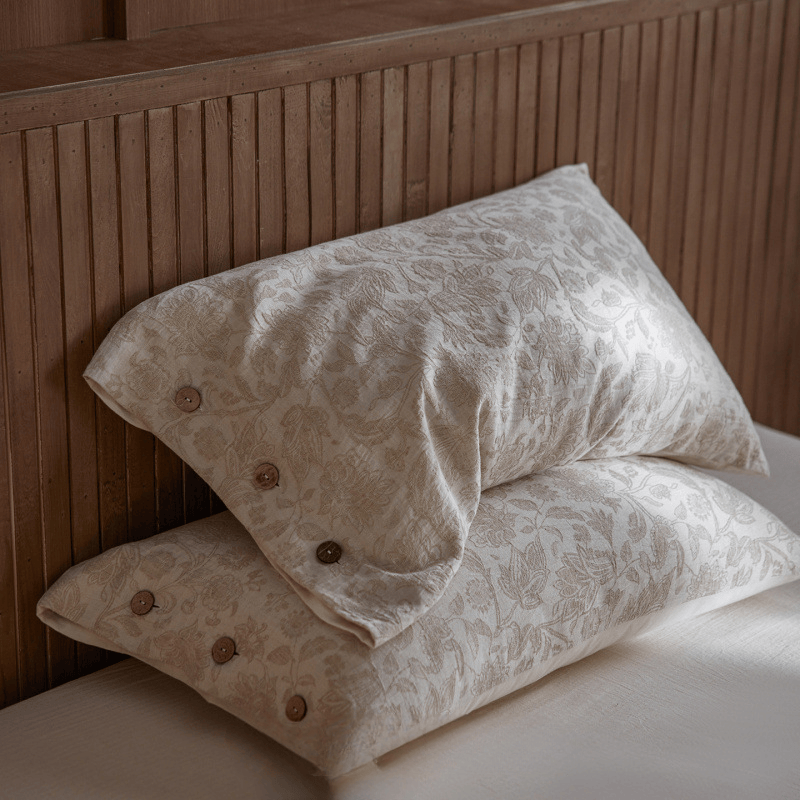Floral Jacquard Button Pillowcases (2PCS) - Light Brown - 48cm x 74cm - image 0