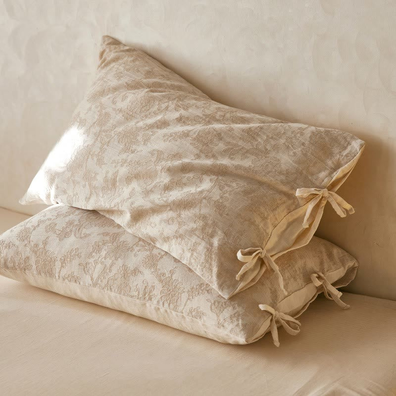 Floral Bow Tie Cotton Linen Pillowcases (2PCS) - Light Brown - 48cm x 74cm - image 0