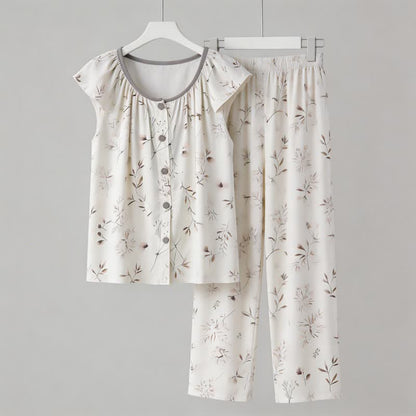 Elegant Branch Button Front Loungewear Set - White - XXL - image 0