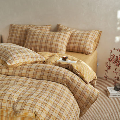 Checkered Cotton Duvet Cover Bedding Set - Yellow - King - Flat Sheet - image 0