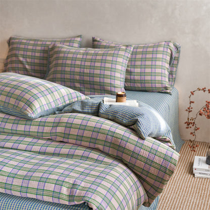 Checkered Cotton Duvet Cover Bedding Set - Yellow&Purple - King - Flat Sheet - image 11