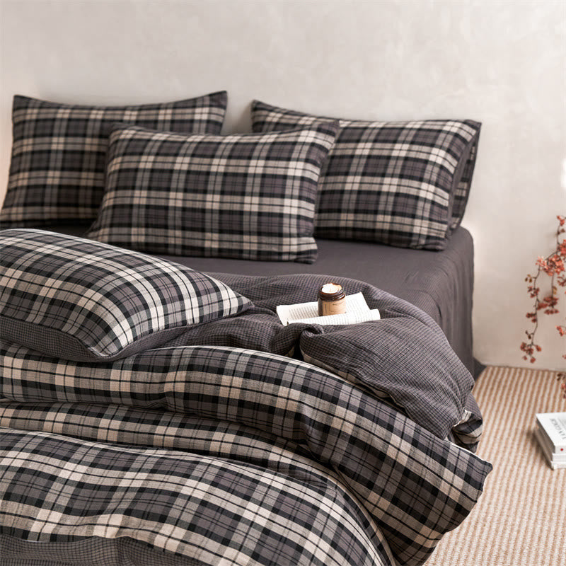 Checkered Cotton Duvet Cover Bedding Set - Dark Grey - King - Flat Sheet - image 4