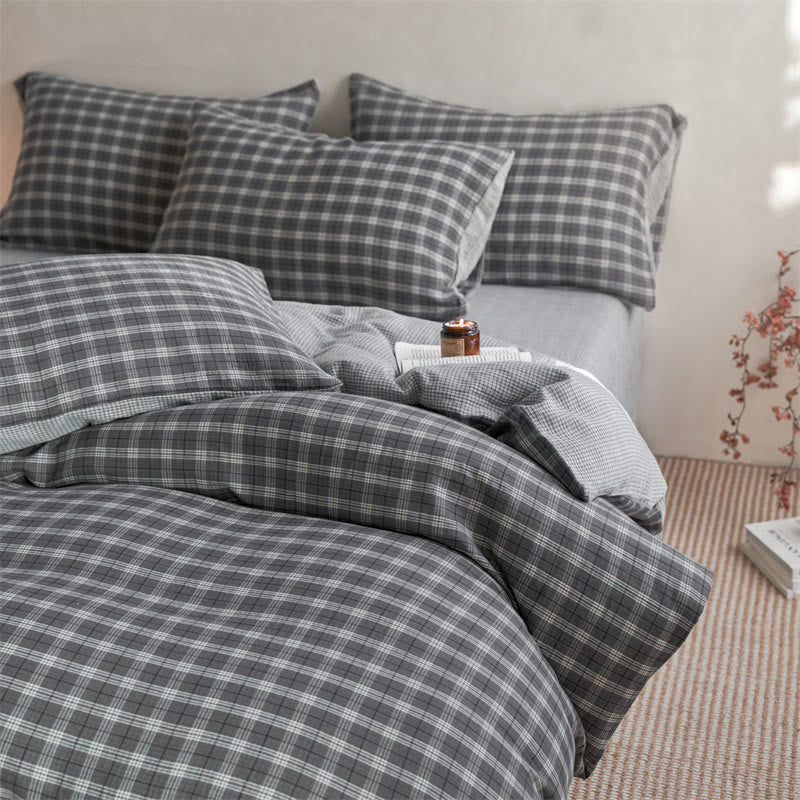 Checkered Cotton Duvet Cover Bedding Set - Light Grey - King - Flat Sheet - image 5