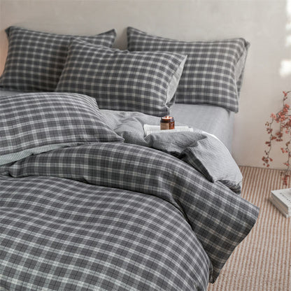 Checkered Cotton Duvet Cover Bedding Set - Light Grey - King - Flat Sheet - image 5