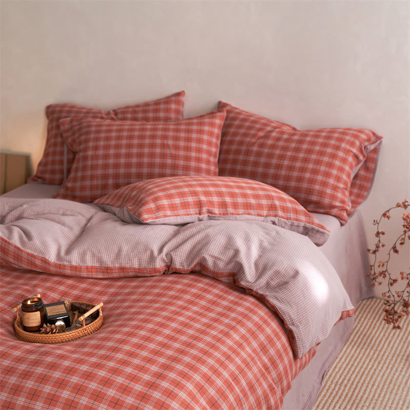 Checkered Cotton Duvet Cover Bedding Set - Light Red - King - Flat Sheet - image 6