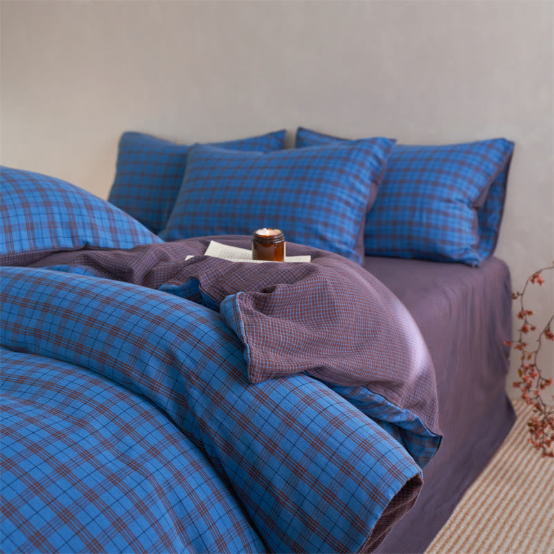 Checkered Cotton Duvet Cover Bedding Set - Dark Blue - King - Flat Sheet - image 7