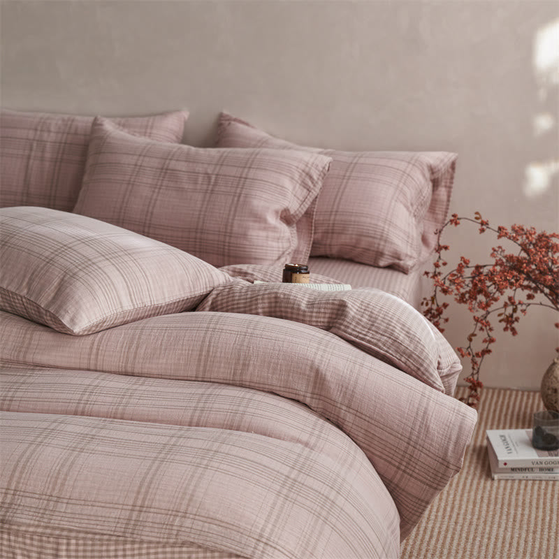 Checkered Cotton Duvet Cover Bedding Set - Pink - King - Flat Sheet - image 8