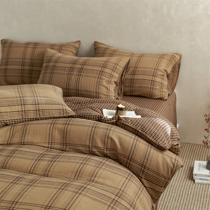 Checkered Cotton Duvet Cover Bedding Set - Brown - King - Flat Sheet - image 9
