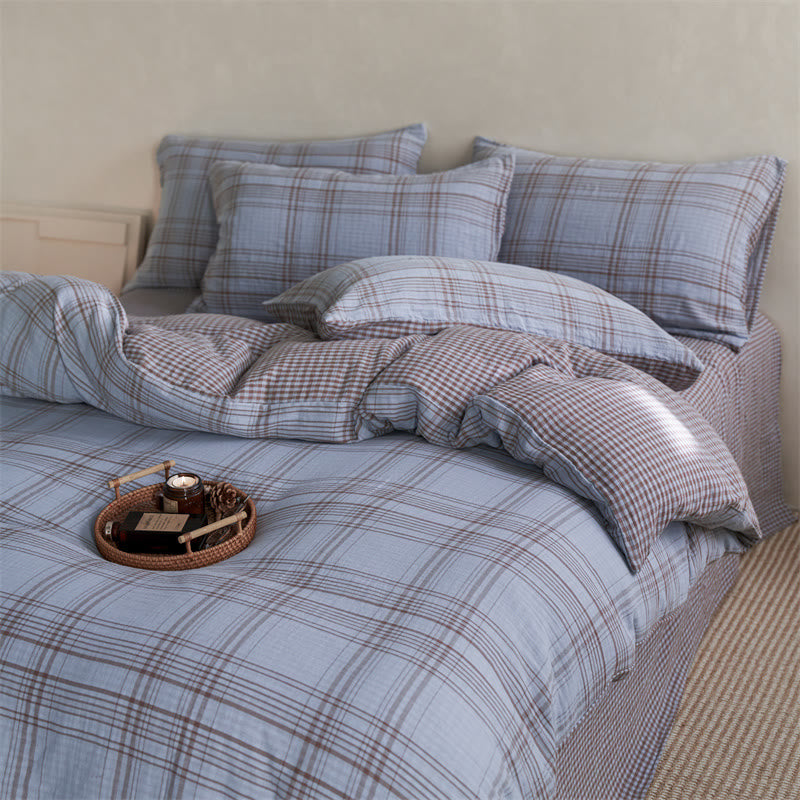 Checkered Cotton Duvet Cover Bedding Set - Light Blue - King - Flat Sheet - image 10
