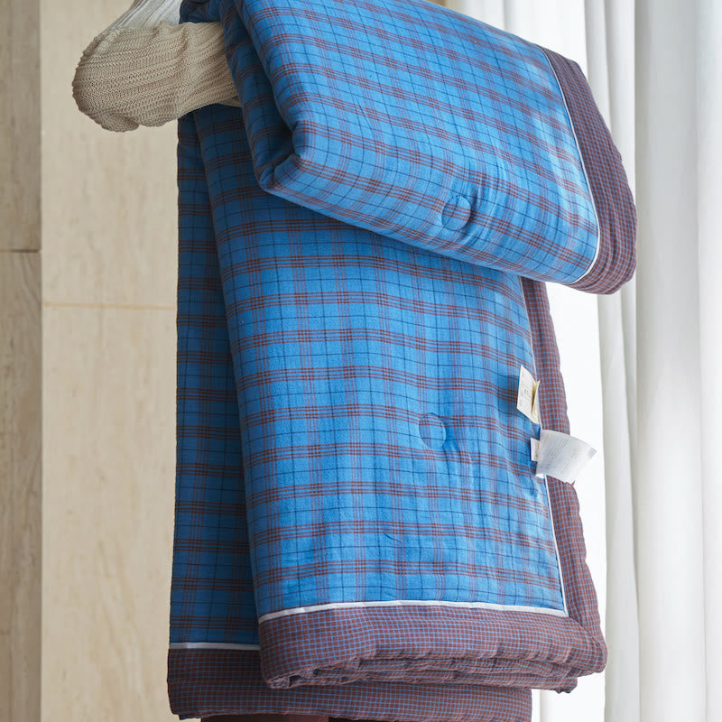 Gingham Pure Cotton Quilt Set - Dark Blue - Quilts - King - image 11