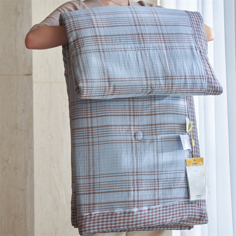 Gingham Pure Cotton Quilt Set - Light Blue - Quilts - King - image 17
