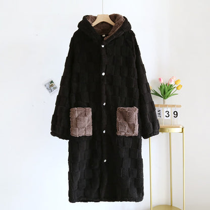 Couple Matching Grid Textured Hooded Flannel Robe - Black - Men: L - image 13