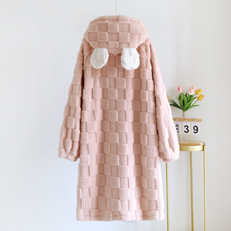 Couple Matching Grid Textured Hooded Flannel Robe - image 4