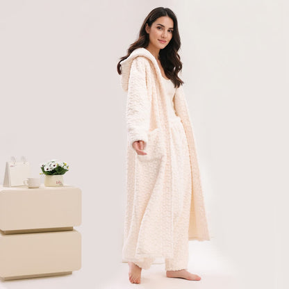 Embossed Plush Coral Fleece Hooded Robe - White - Robe with Pants - XL - image 1