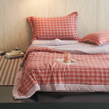 Gingham Pure Cotton Quilt Set - Light Red - Bedding Set - King - image 10