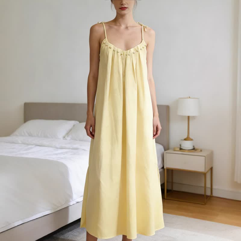 Solid Color Cotton Sleeveless Tie Strap Nightgown - Yellow - XL - image 6