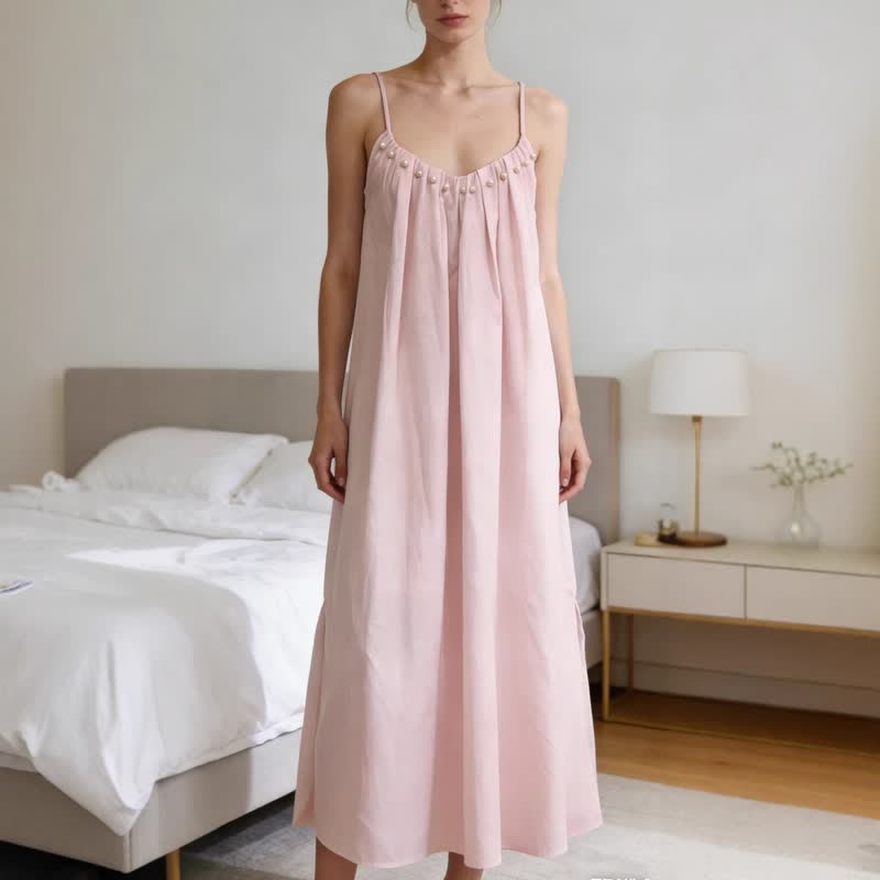 Solid Color Cotton Sleeveless Tie Strap Nightgown - Pink - XL - image 3