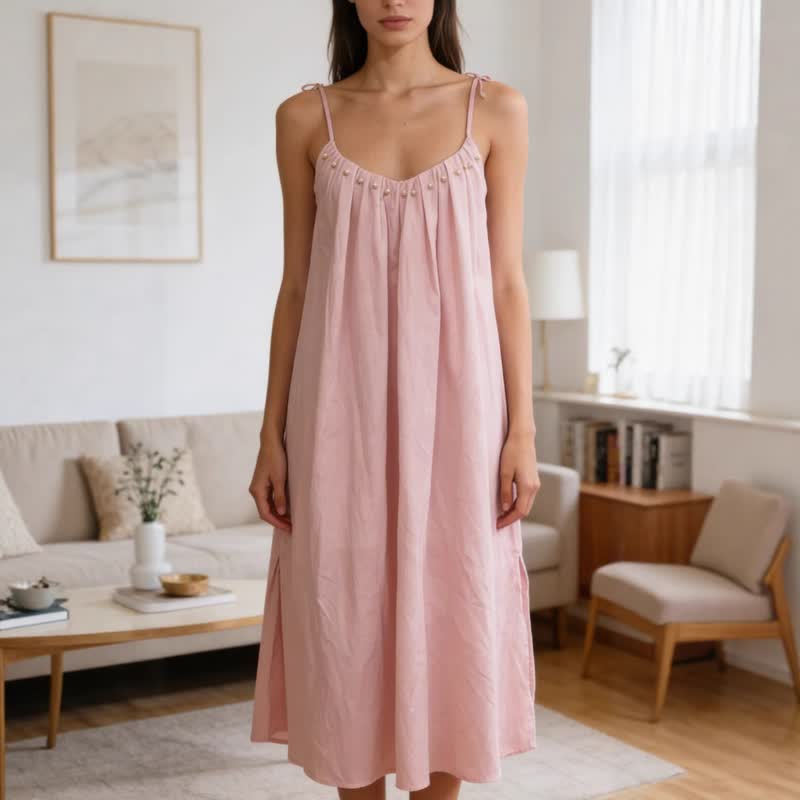 Solid Color Cotton Sleeveless Tie Strap Nightgown - image 4