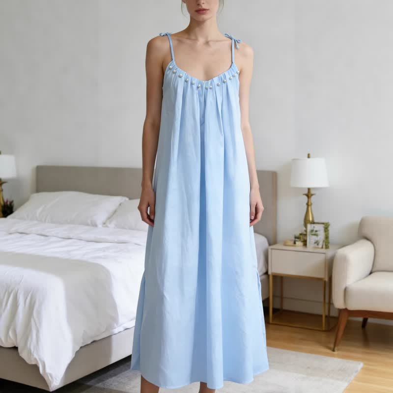 Solid Color Cotton Sleeveless Tie Strap Nightgown - Blue - XL - image 1