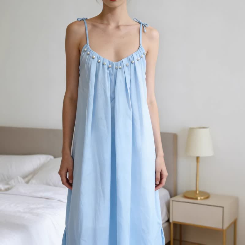 Solid Color Cotton Sleeveless Tie Strap Nightgown - image 2