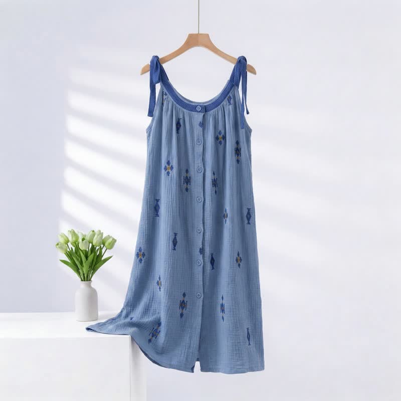 Blue Cotton Gauze Tie Strap Nightgown - Blue - 4XL - image 0