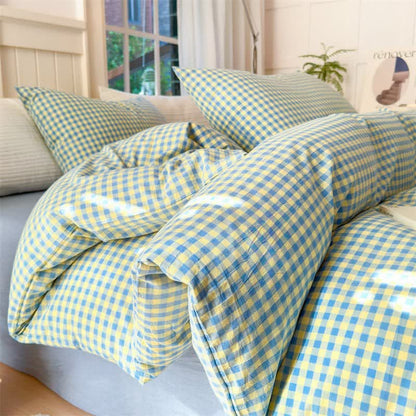 Small Check Gingham Cotton Bedding Set - Blue & Yellow - 2PCS Pillowcases - 19" x 29" - image 2
