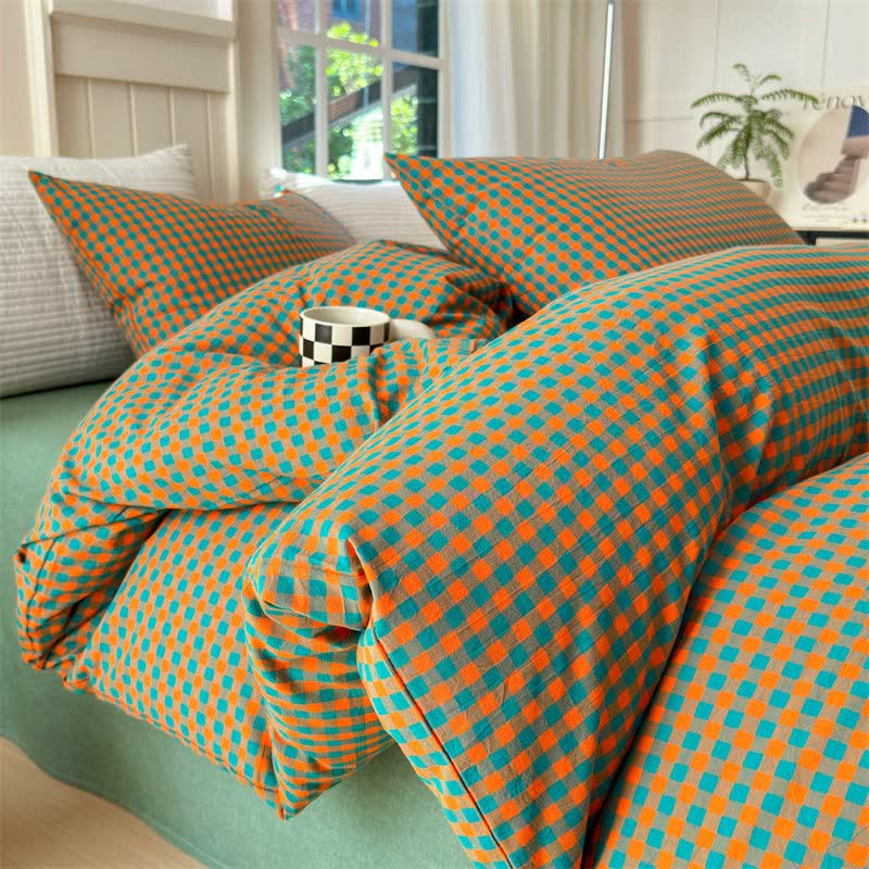 Small Check Gingham Cotton Bedding Set - Orange & Green - 2PCS Pillowcases - 19" x 29" - image 10