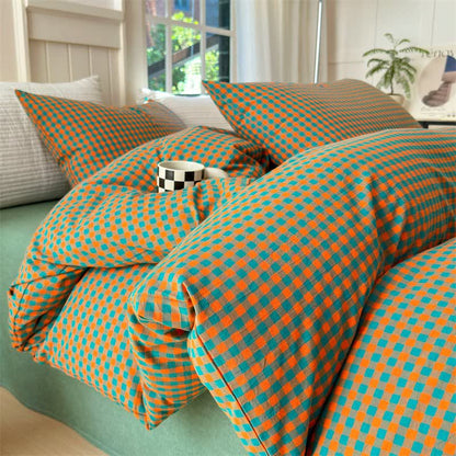 Small Check Gingham Cotton Bedding Set - Orange & Green - 2PCS Pillowcases - 19" x 29" - image 10