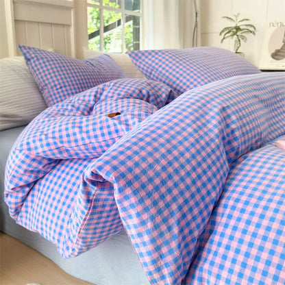 Small Check Gingham Cotton Bedding Set - Blue & Purple - 2PCS Pillowcases - 19" x 29" - image 4